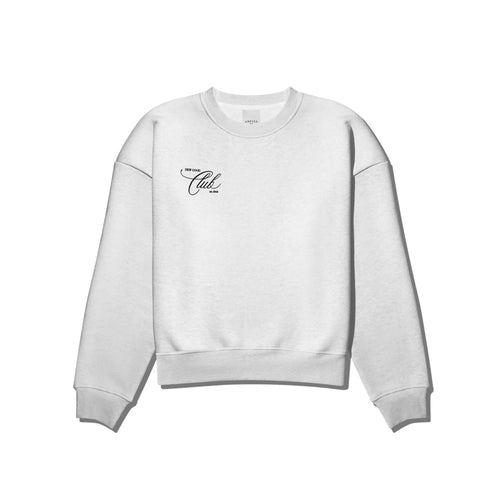 grey color crewneck sweater with white background including the Dew Good Club printed on the front top right section of the sweater in black color
